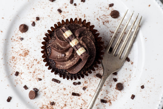 Chocolate cupcake on white plate with fork, dusted with cocoa powder and chocolate sprinkles, Overhead View