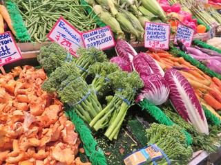 A variety of vegetables for sale at an outdoor produce stand