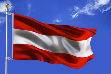 The silk waving flag of Austria with a flagpole on a blue sky background with clouds .3D illustration.