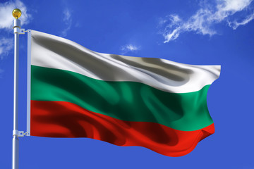 The silk waving flag of Bulgaria with a flagpole on a blue sky background with clouds .3D illustration.