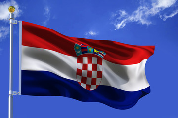 The silk waving flag of Croatia with a flagpole on a blue sky background with clouds .3D illustration.