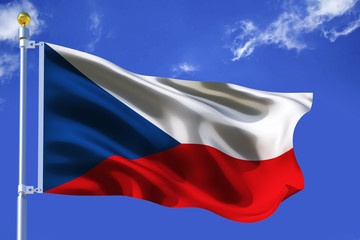 The silk waving flag of Czech Republic with a flagpole on a blue sky background with clouds .3D illustration.