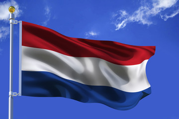 The silk waving flag of Netherlands with a flagpole on a blue sky background with clouds .3D illustration.
