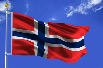 The silk waving flag of Norway with a flagpole on a blue sky background with clouds .3D illustration.