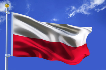The silk waving flag of Poland with a flagpole on a blue sky background with clouds .3D illustration.