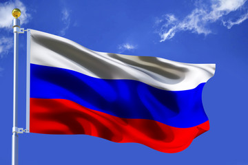 The silk waving flag of Russia with a flagpole on a blue sky background with clouds .3D illustration.