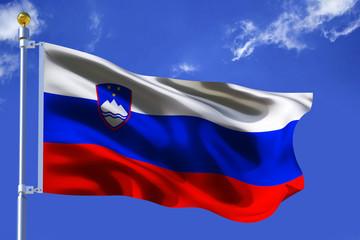 The silk waving flag of Slovenia  with a flagpole on a blue sky background with clouds .3D illustration.