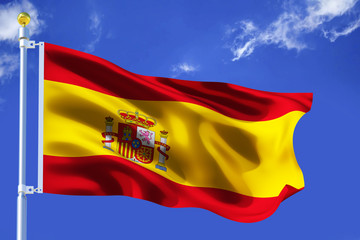 The silk waving flag of Spain with a flagpole on a blue sky background with clouds .3D illustration.