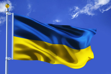 The silk waving flag of Ukraine with a flagpole on a blue sky background with clouds .3D illustration.
