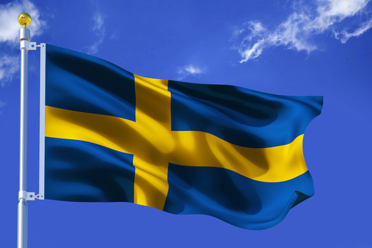 The silk waving flag of Sweden with a flagpole on a blue sky background with clouds .3D illustration.
