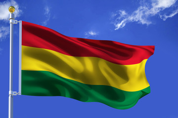 Silk Waving flag with flagpole of Bolivia on background of blue sky with clouds .3d illustration.