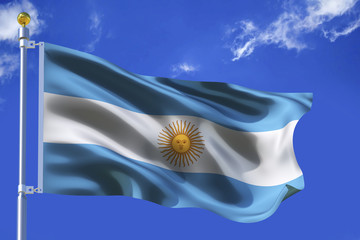 Silk Waving flag with flagpole of  Argentina on background of blue sky with clouds .3d illustration.