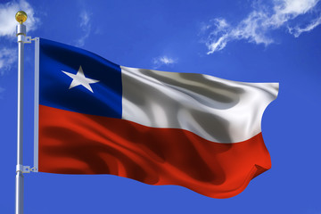 Silk Waving flag with flagpole of Chile on background of blue sky with clouds .3d illustration.