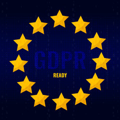GDPR vector poster with stars and stream of binary code symbols and numbers on blue screen. Readiness and compliance for privacy policy law. European general data protection regulation concept.