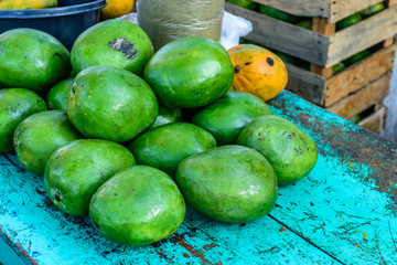 Pile of green mangoes on turquoise table, Guatemala, Central America