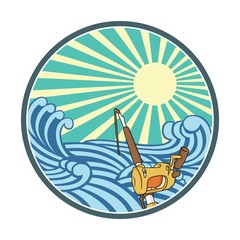 illustration fishing in water with retro style