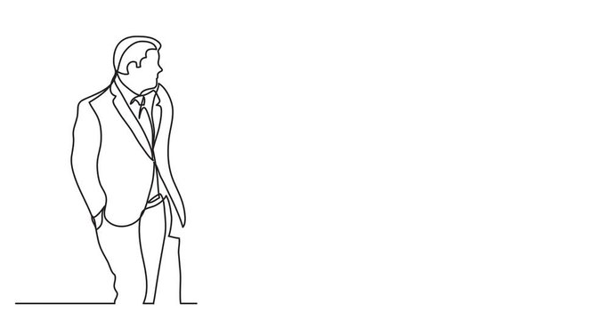 Self drawing animation of continuous line drawing of two businessmen standing pointing.