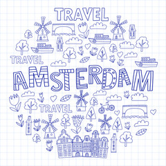 Vector pattern with Amsterdam city House, architecture, mill, tulip. Holland doodle icon