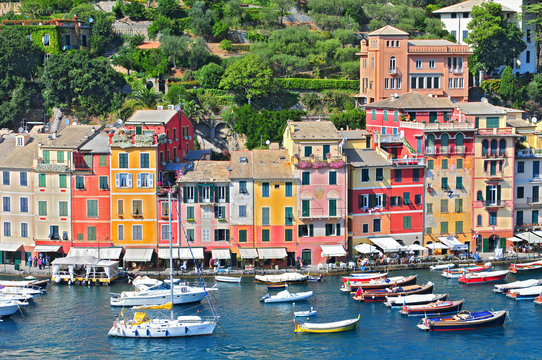 ?Liguria Portofino view of harbor with moored boats and pastel colored houses lining the bay with trees on hills behind.