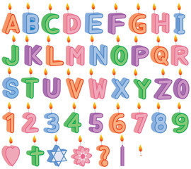 Birthday and Celebration Lit Candles. 3D appearance alphabet, numbers and symbols.