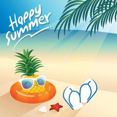 Pineapple wearing white sunglasses, and flip flops , summer items on the beach