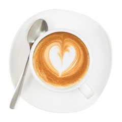 White cup and saucer coffee capuccino  heart spoon
