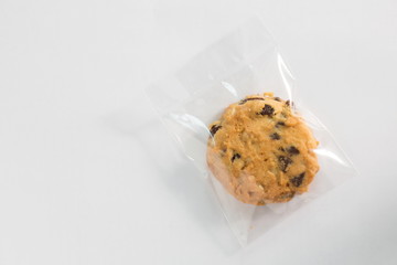 Cookie in plastic wrap packaging.
