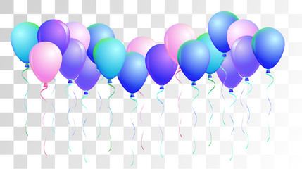Bright Realistic Helium Vector Balloons Flying. Happy Birthday, New Year Party Ornament. Neon Modern Holidays Decoration, Air Helium Balloons. Celebration, Music Poster Discount Card Cool Design. © graficanto