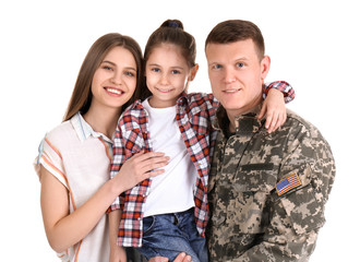 Male soldier with his family on white background. Military service