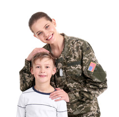 Female soldier with her son on white background. Military service