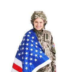 Female soldier with American flag on white background. Military service