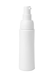 Bottle of cosmetic product on light background