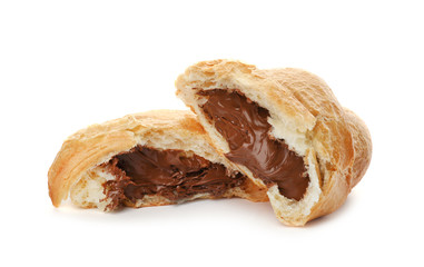 Tasty croissant with chocolate on white background