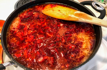 Traditional Ukrainian soup borsch with beet and beef