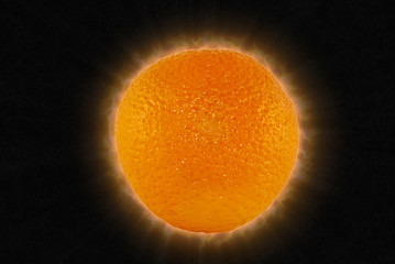 orange in the form of the sun - with a solar corona and prominences on a black background with stars