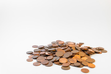 Isolated bunch of cent euro coins on white background