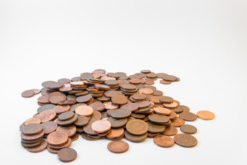 Isolated bunch of cent euro coins on white background