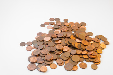 Isolated bunch of cent euro coins on white background