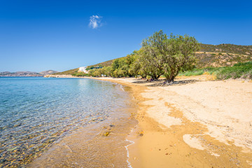 Amazing sunny coast view to a empty holiday bay Didymes beach with crystal clear blue water sandy...