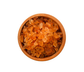 Rock sugar in wood bowl on white background