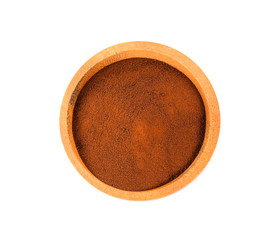 Coffee Powder on wood bowl isolated on white background