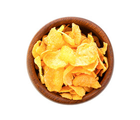 tasty cornflakes isolated on wood bowl on white background