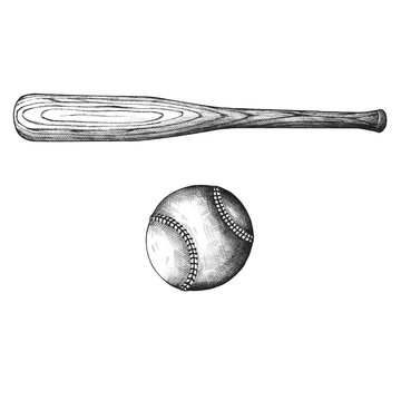 Hand drawn baseball bat and ball isolated on background