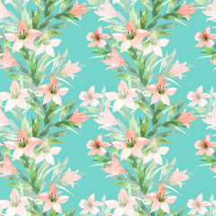 floral seamless pattern with hand drawing pink lilies watercolor. Spring background on turquoise