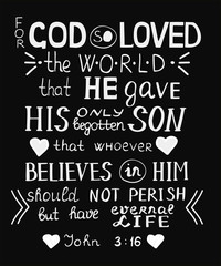 Obraz premium Golden Bible verse John 3 16 For God so loved the world, made hand lettering with hearts on black background.