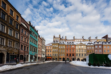 Snow in Market Square in old town Warsaw, Poland