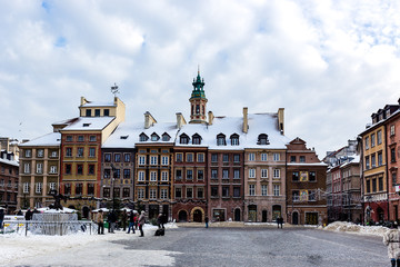 Snow in Market Square in old town Warsaw, Poland