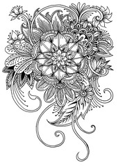 Coloring page with flowers and leaves.