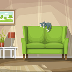 Vector illustration of a living room with sleeping cat.