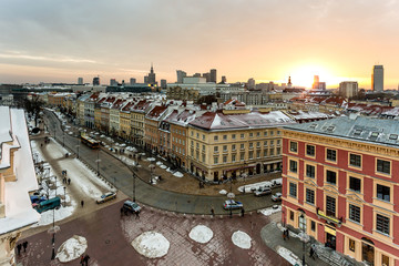 panorama of old town square in warsaw, Poland, overseeing the main roads, after the snow